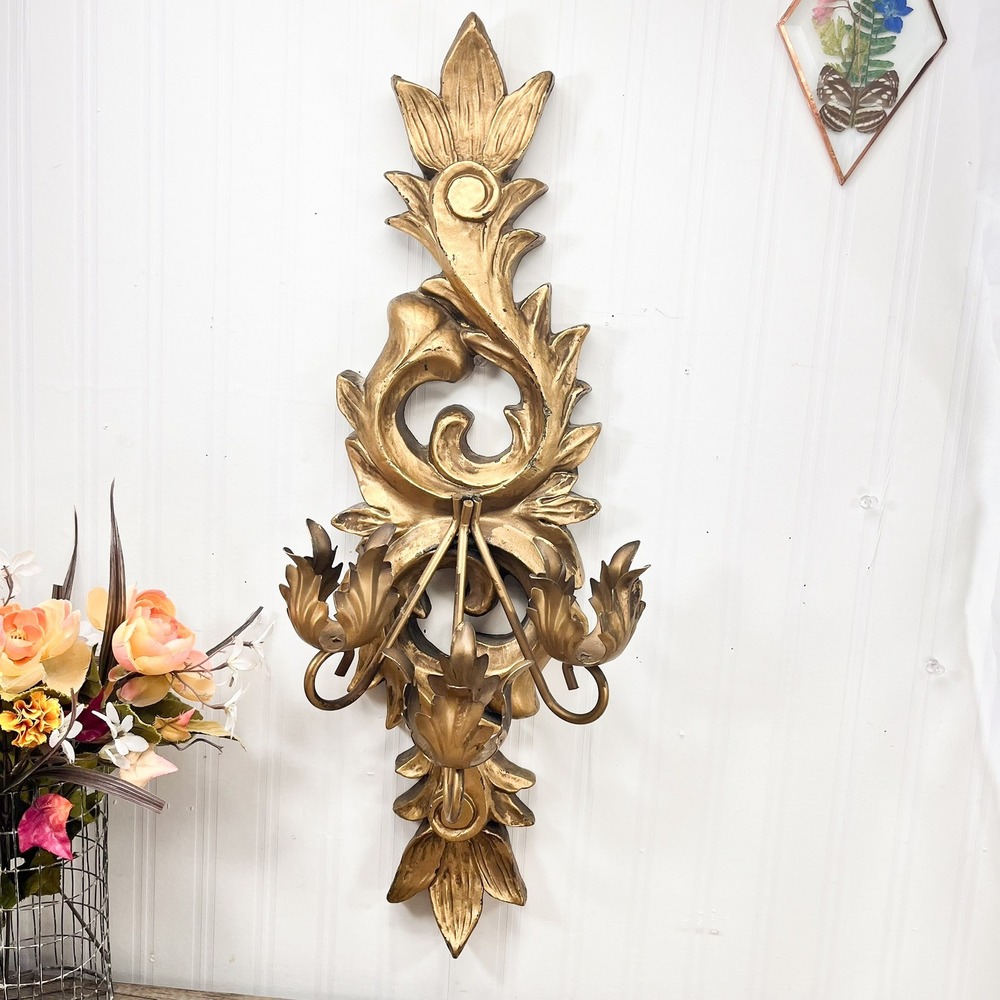 Vintage Gold Italian Wall Sconce: 3 Arm Acanthus Leaf Candle Holder